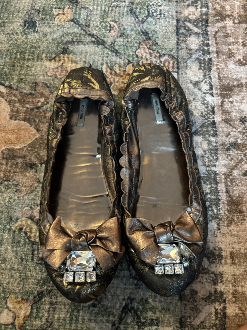 Miu Miu Bronze Metallic Bow Ballet Flats with Crystal Accents vintage USED